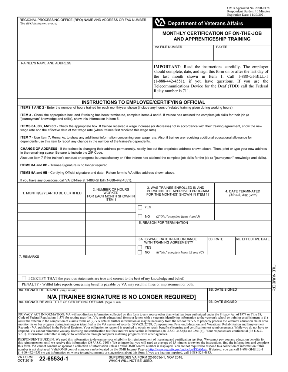 VA Form 22-6553D-1 Monthly Certification of on-The-Job and Apprenticeship Training, Page 1