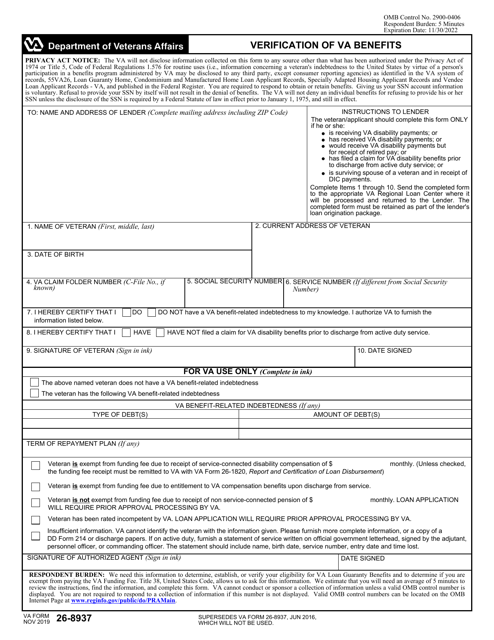 VA Form 26-8937 Verification of VA Benefits