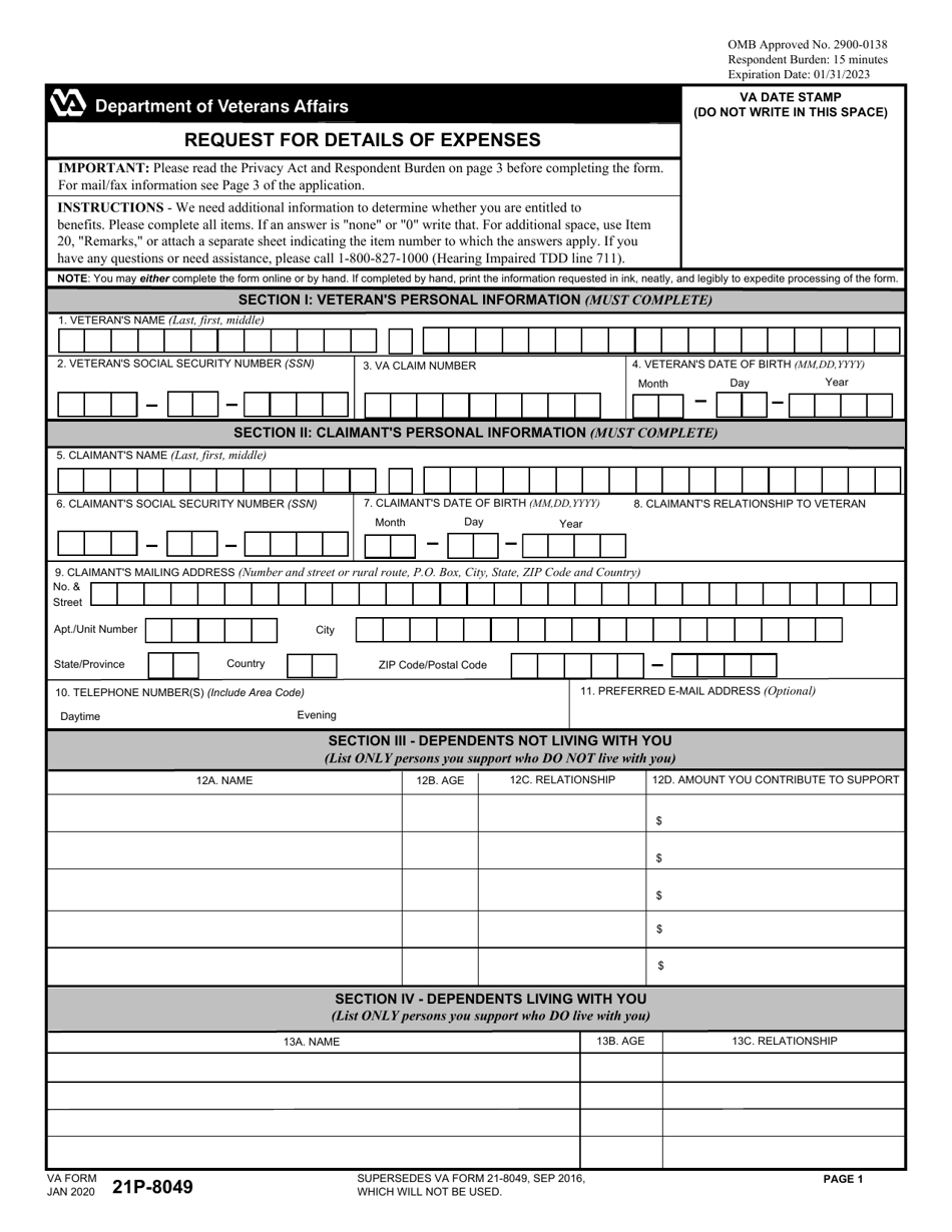 VA Form 21P-8049 Request for Details of Expenses, Page 1