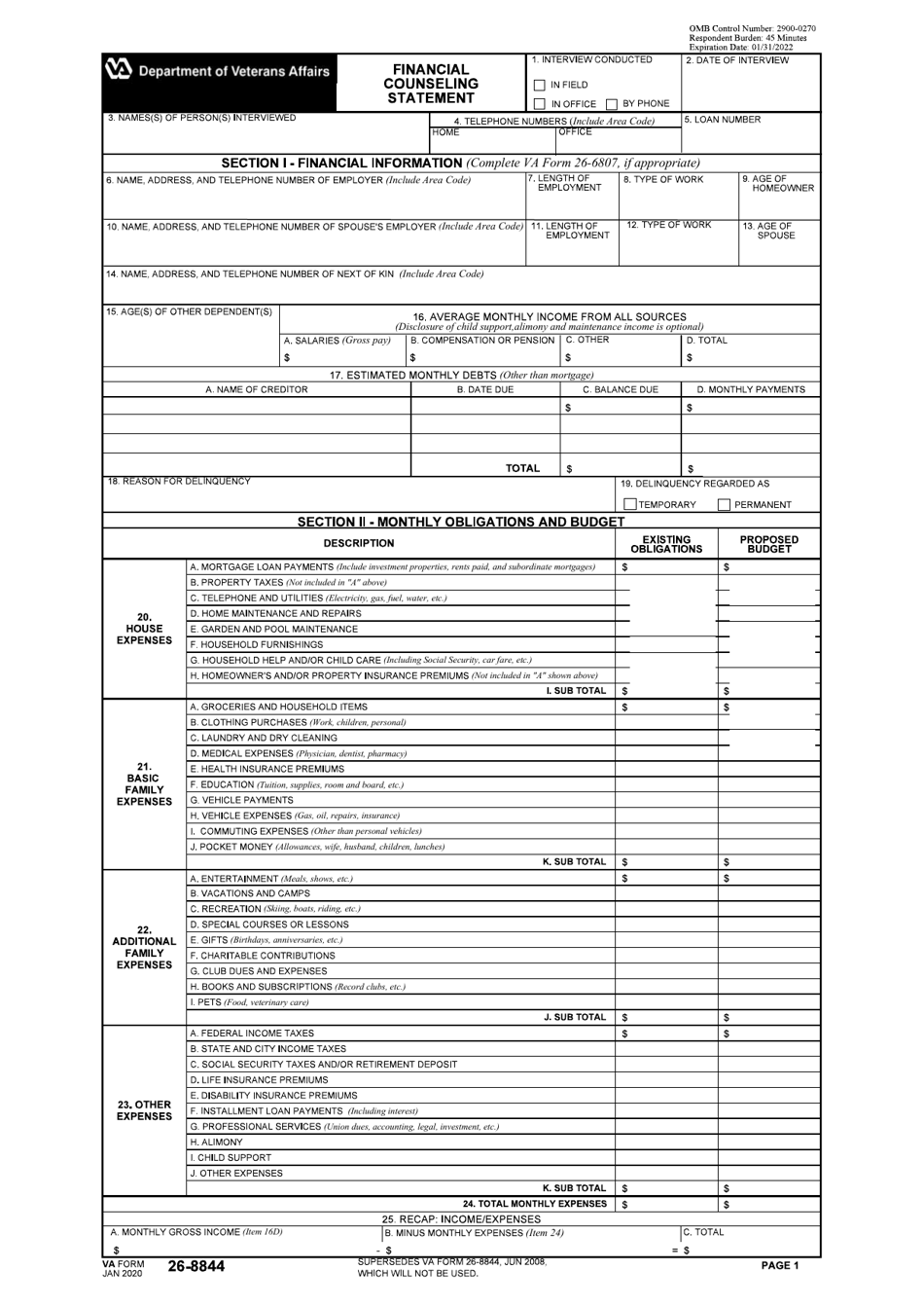 VA Form 26-8844 Financial Counseling Statement, Page 1