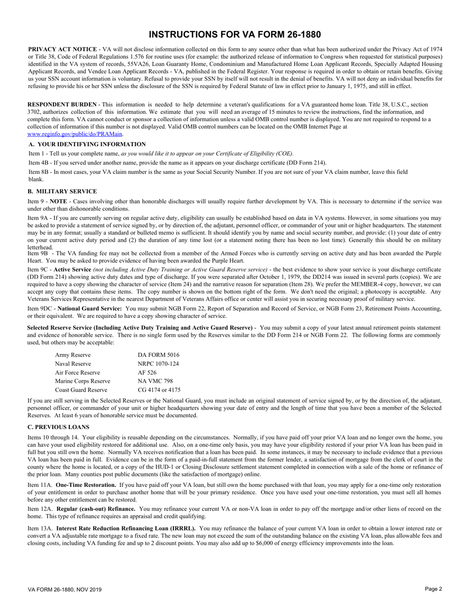 VA Form 26-1880 Request for a Certificate of Eligibility, Page 2