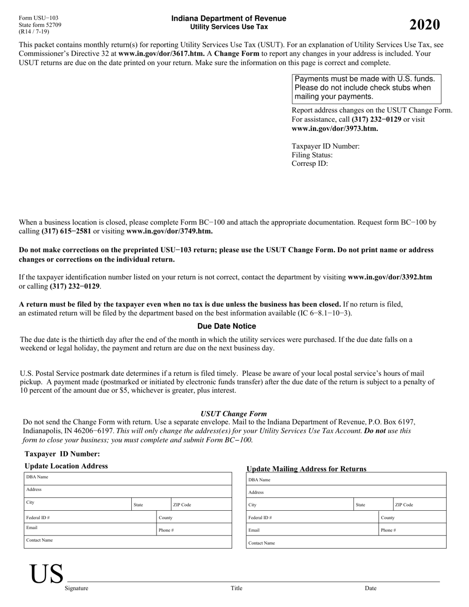 Form USU-103 (State Form 52709) Utility Services Use Tax - Indiana, Page 1