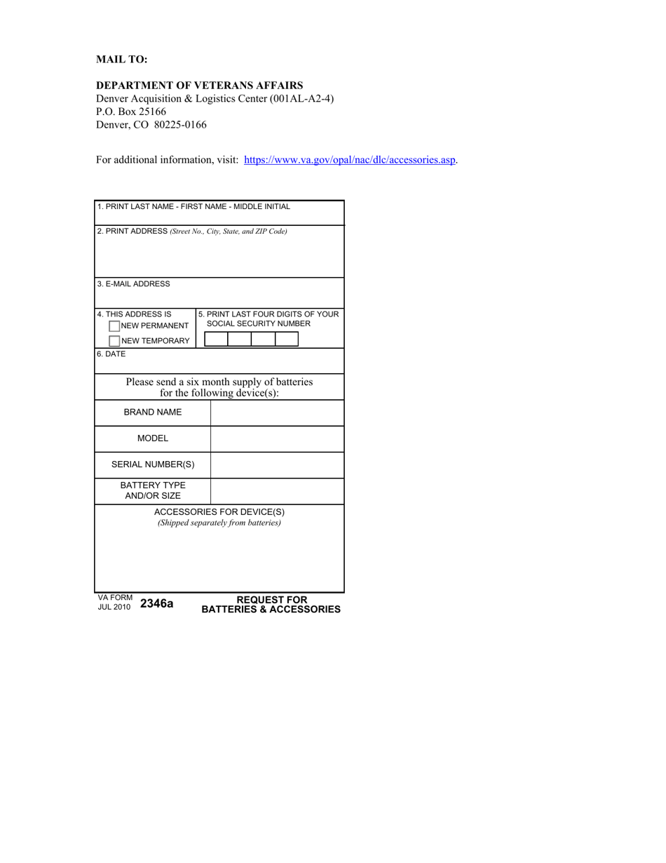 VA Form 2346A Request for Batteries  Accessories, Page 1