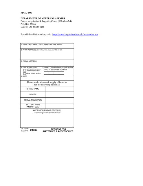 VA Form 2346A Request for Batteries & Accessories
