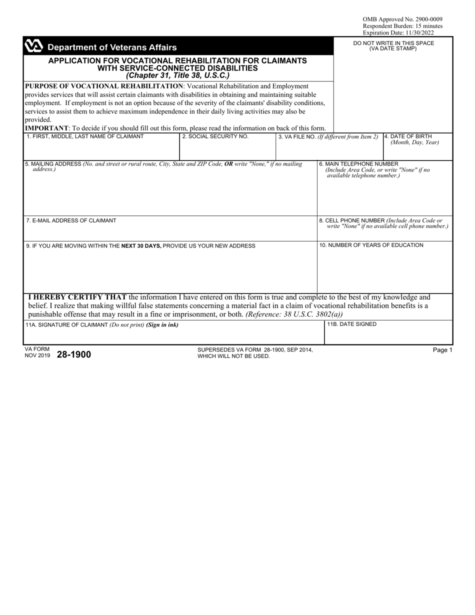 VA Form 28-1900 Application for Vocational Rehabilitation for Claimants With Service-Connected Disabilities, Page 1