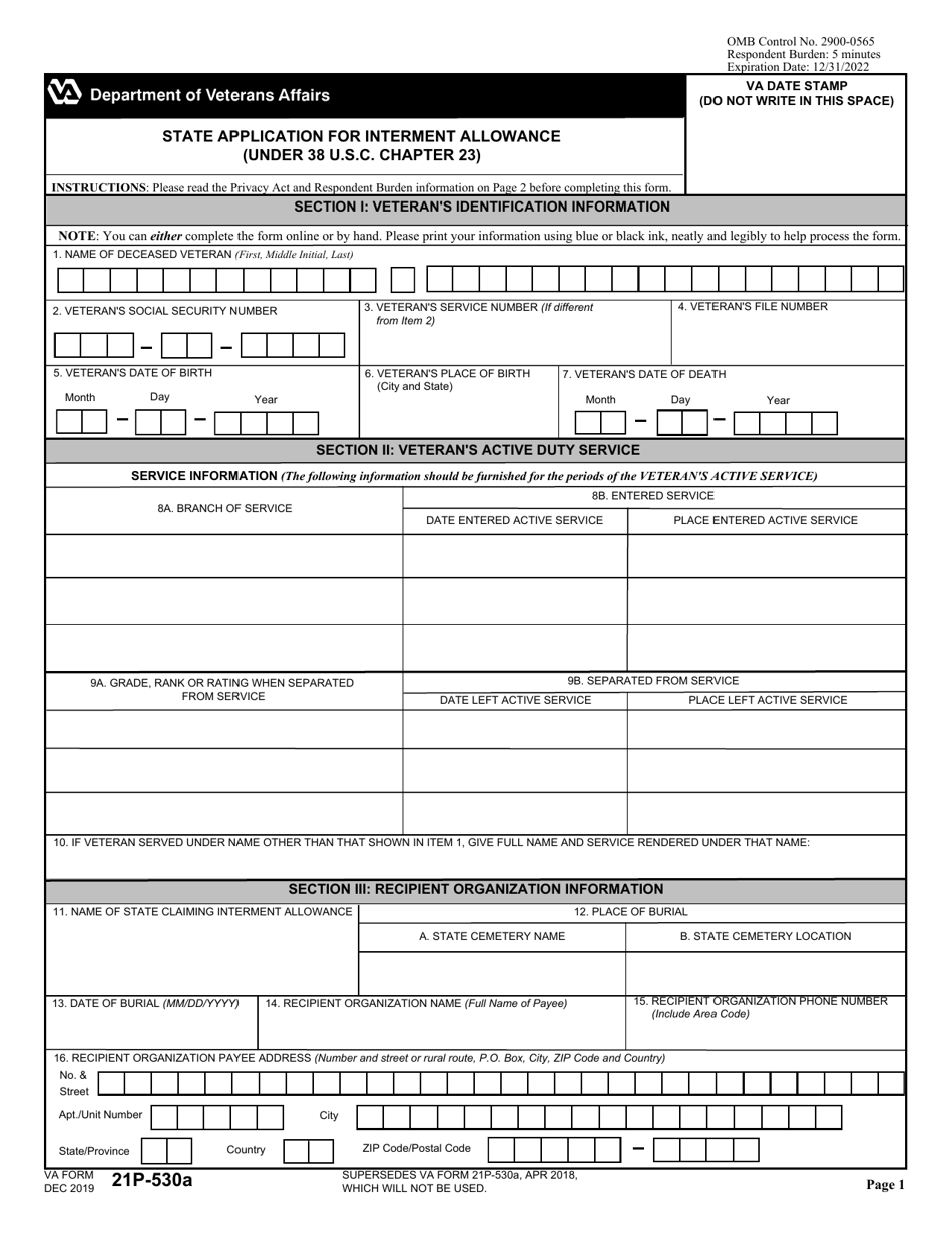 VA Form 21P-530A State Application for Interment Allowance (Under 38 U.s.c. Chapter 23), Page 1