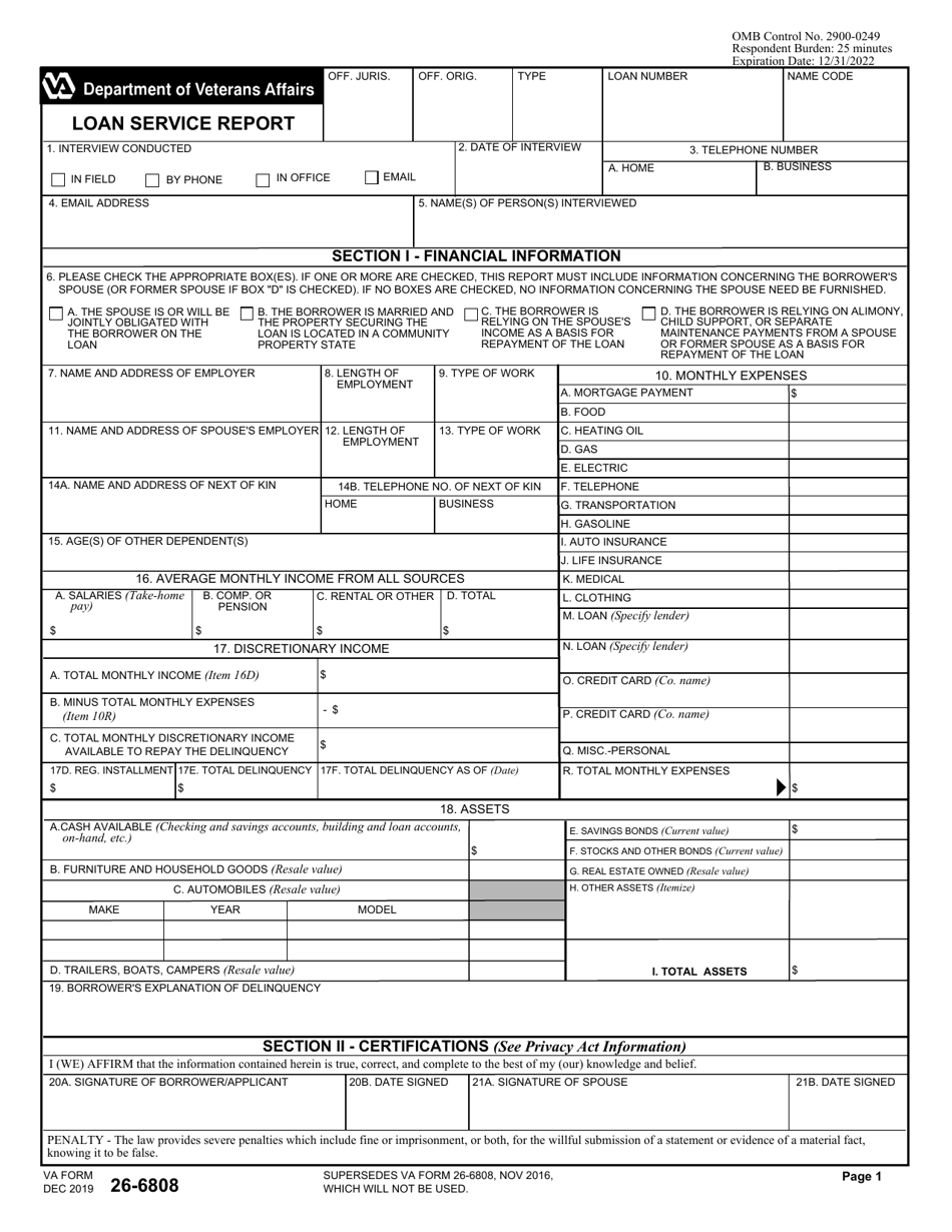 VA Form 26-6808 Loan Service Report, Page 1
