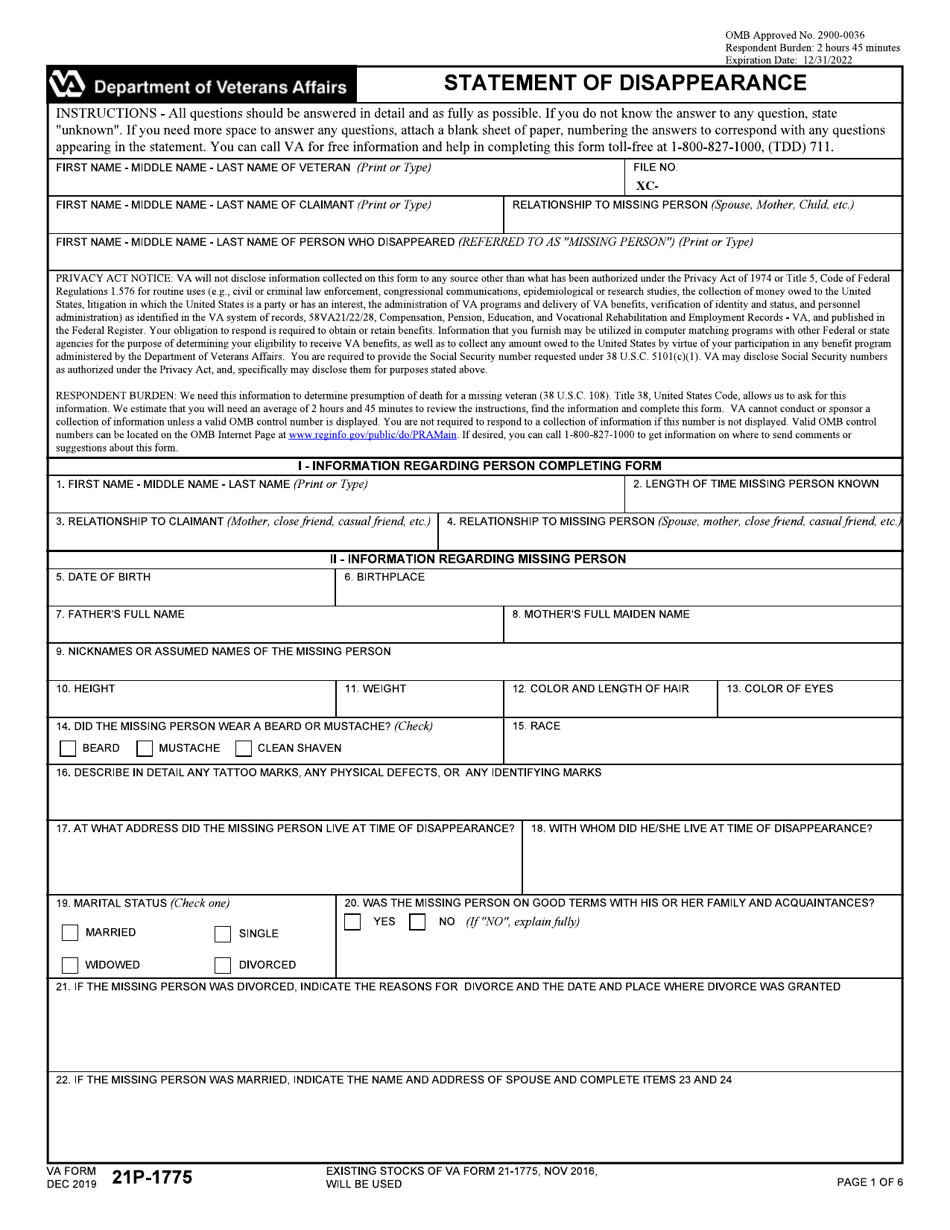 VA Form 21P-1775 Statement of Disappearance, Page 1