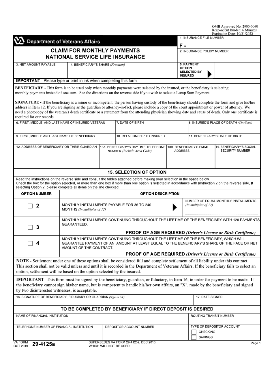 VA Form 29-4125A Claim for Monthly Payments - National Service Life Insurance, Page 1