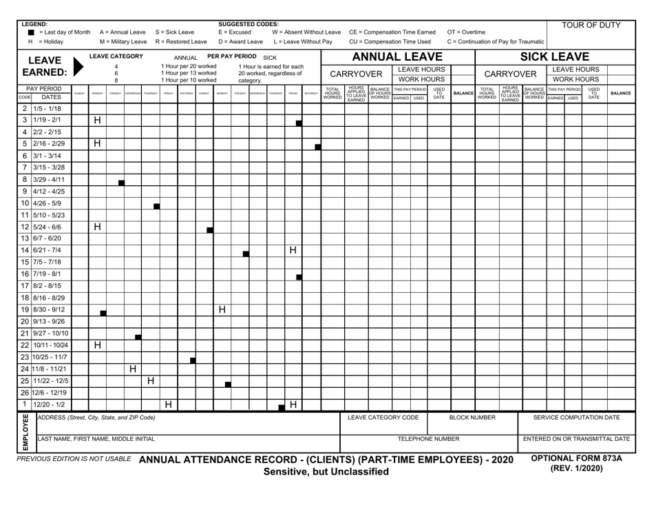 Optional Form 873A Annual Attendance Record - (Clients) (Part-Time Employees), Page 1