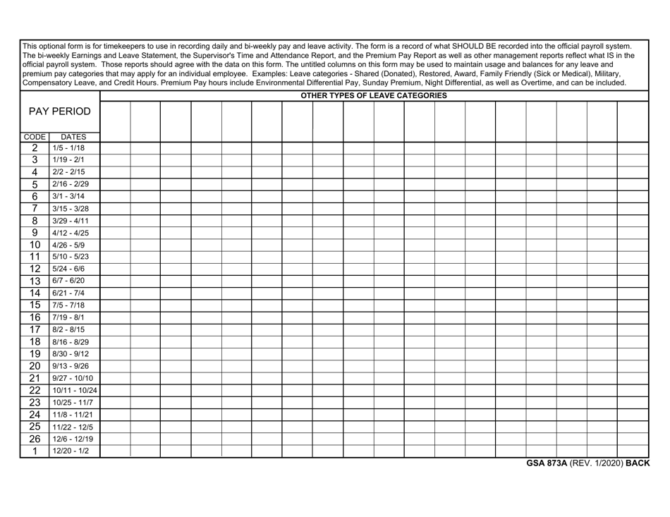 GSA Form 873A Annual Attendance Record (Part-Time Employees), Page 2