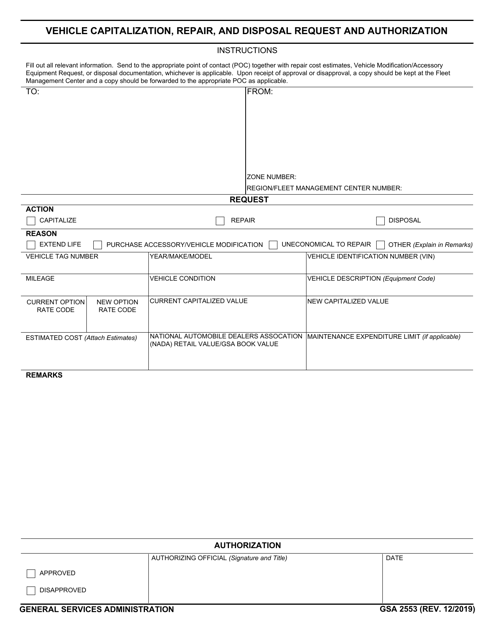 GSA Form 2553 Vehicle Capitalization, Repair, and Disposal Request and Authorization