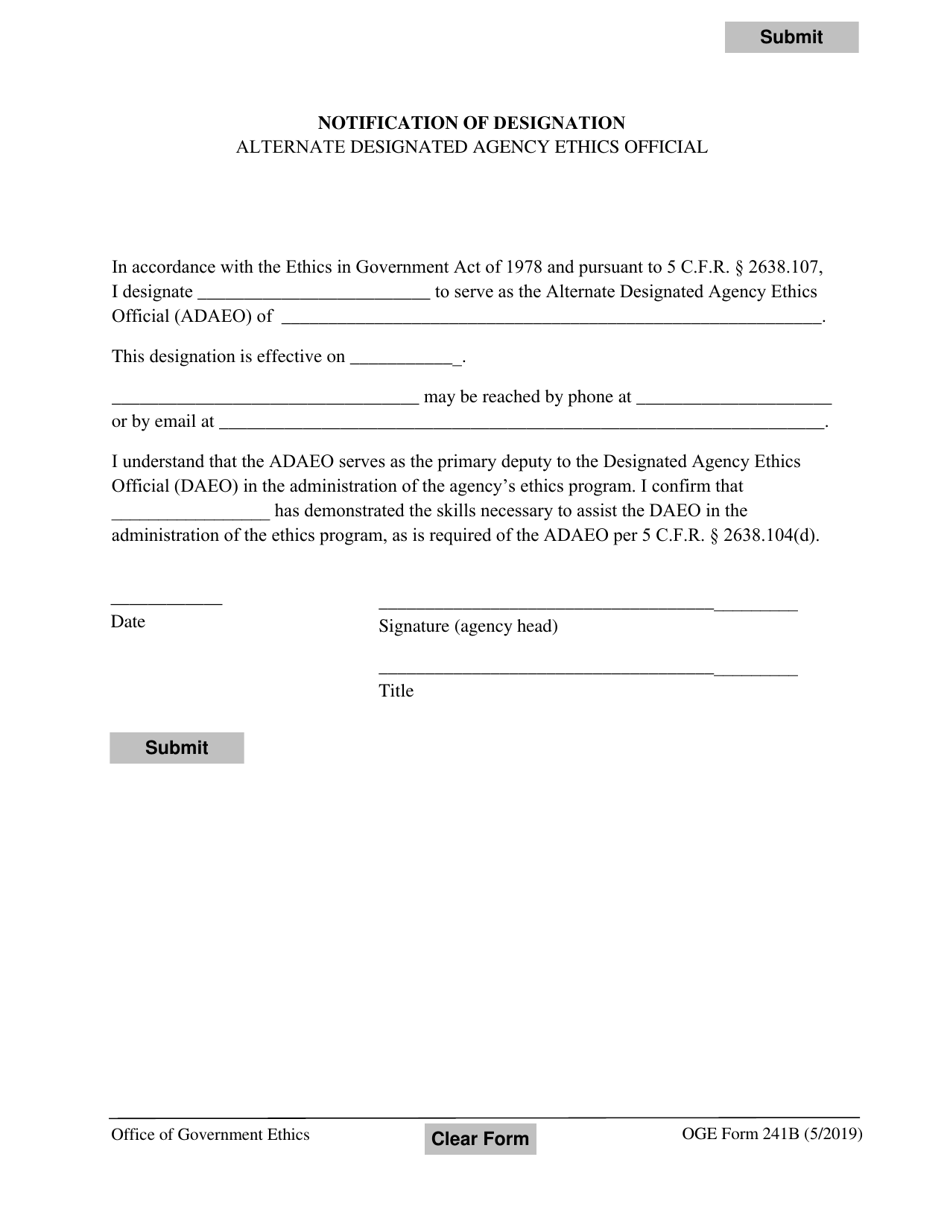 OGE Form 241B Notification of Designation Alternate Designated Agency Ethics Official, Page 1