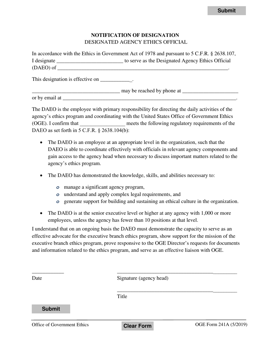 OGE Form 241A Notification of Designation Designated Agency Ethics Official, Page 1