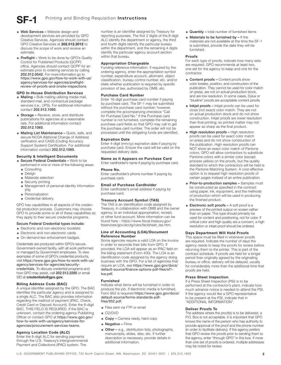 Instructions for Form SF-1 Printing and Binding Requisition, Page 2