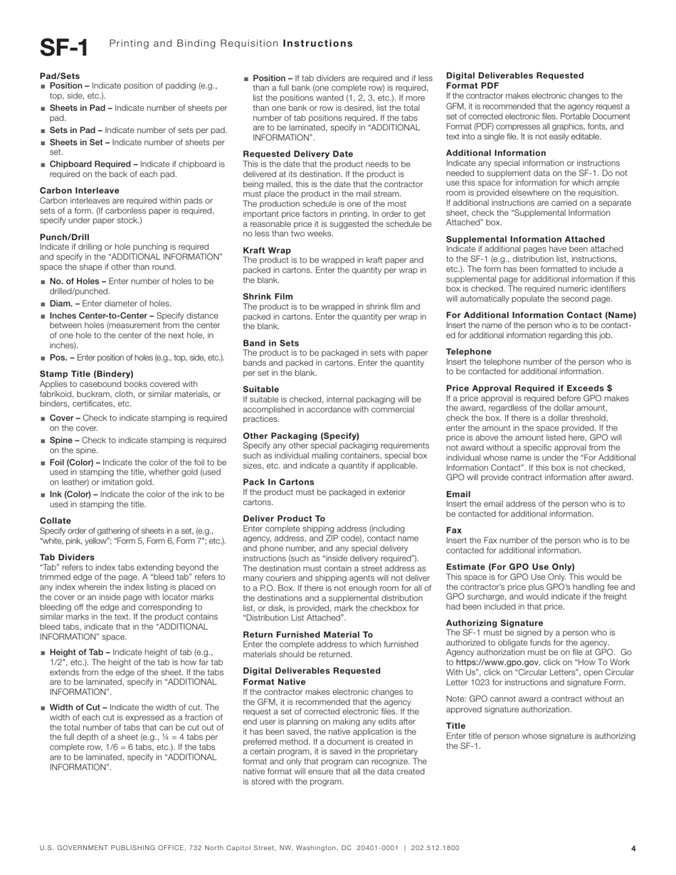 Instructions for Form SF-1 Printing and Binding Requisition, Page 4
