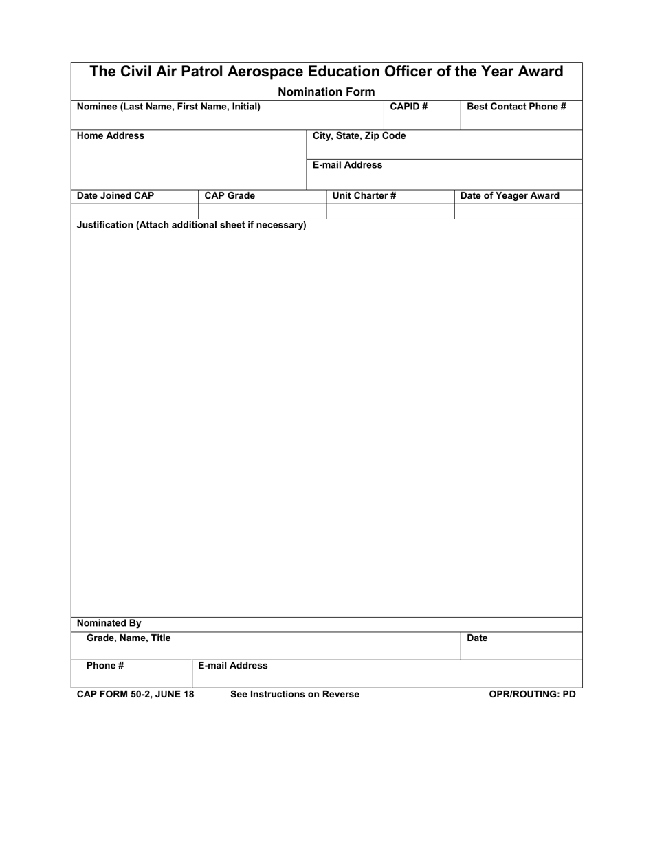 CAP Form 50-2 The Civil Air Patrol Aerospace Education Officer of the Year Award Nomination Form, Page 1
