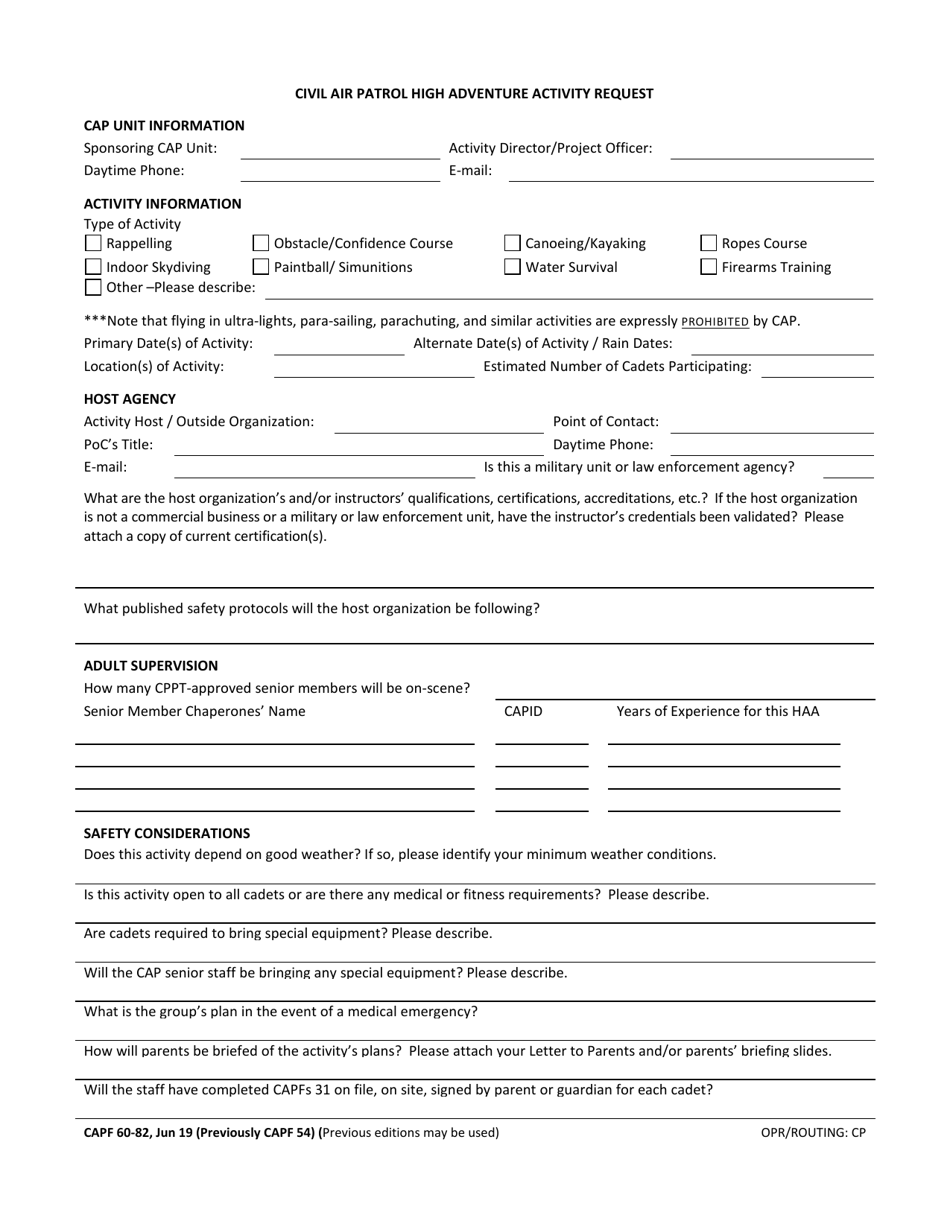 Form CAPF60-82 Civil Air Patrol High Adventure Activity Request, Page 1
