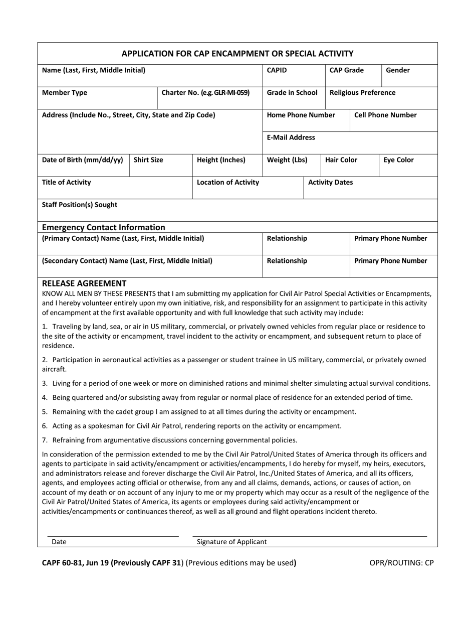 Form CAPF60-81 Application for CAP Encampment or Special Activity, Page 1