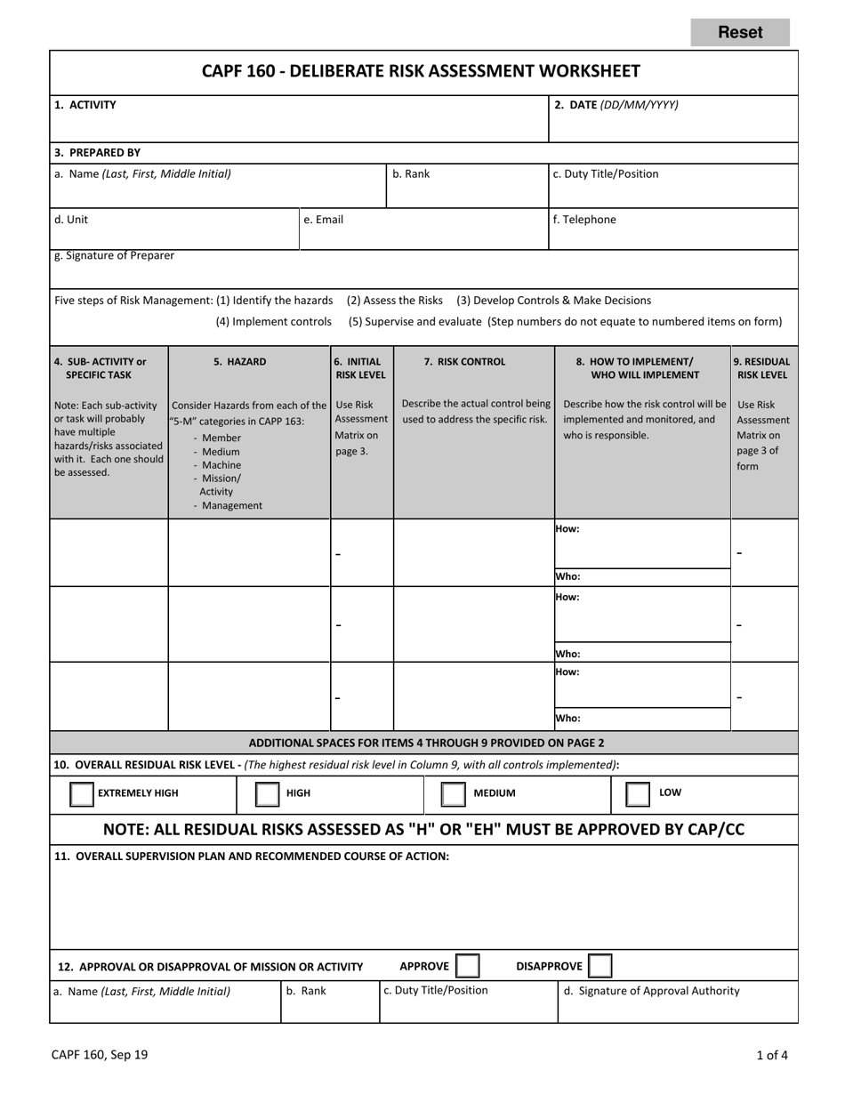 Form CAPF160 Deliberate Risk Assessment Worksheet, Page 1