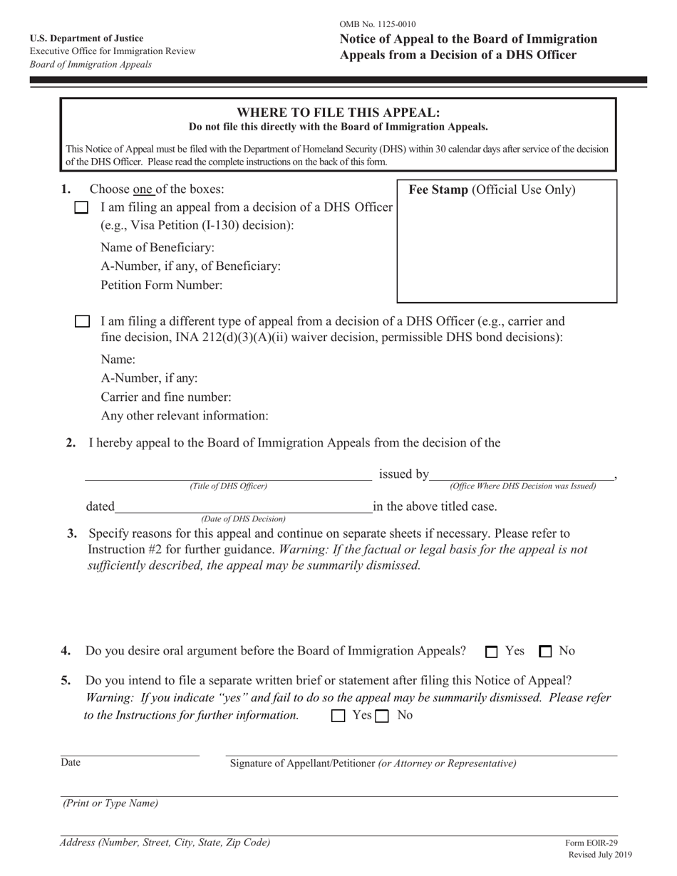 Form EOIR-29 Notice of Appeal to the Board of Immigration Appeals From a Decision of a DHS Officer, Page 1