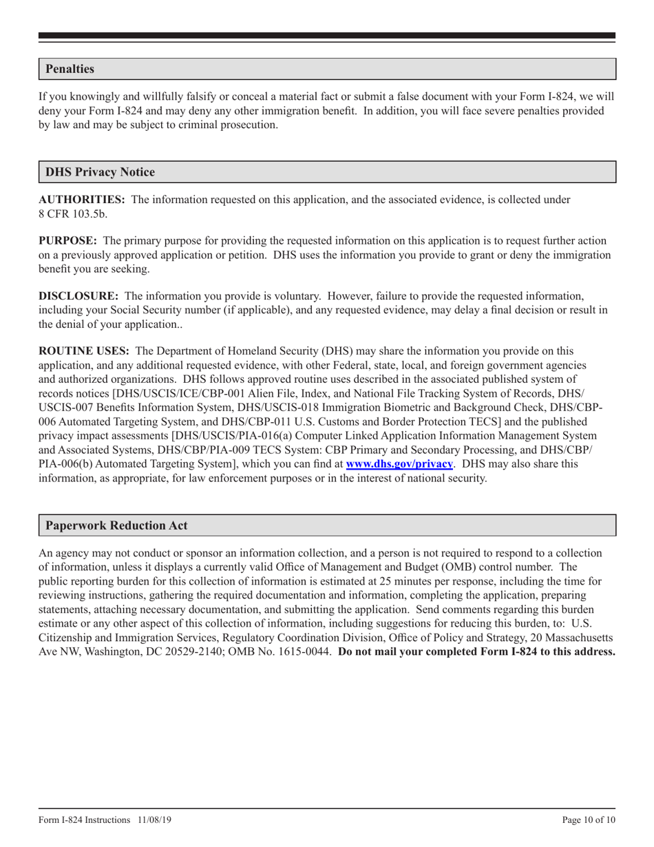 Instructions for USCIS Form I-824 Application for Action on an Approved Application or Petition, Page 10