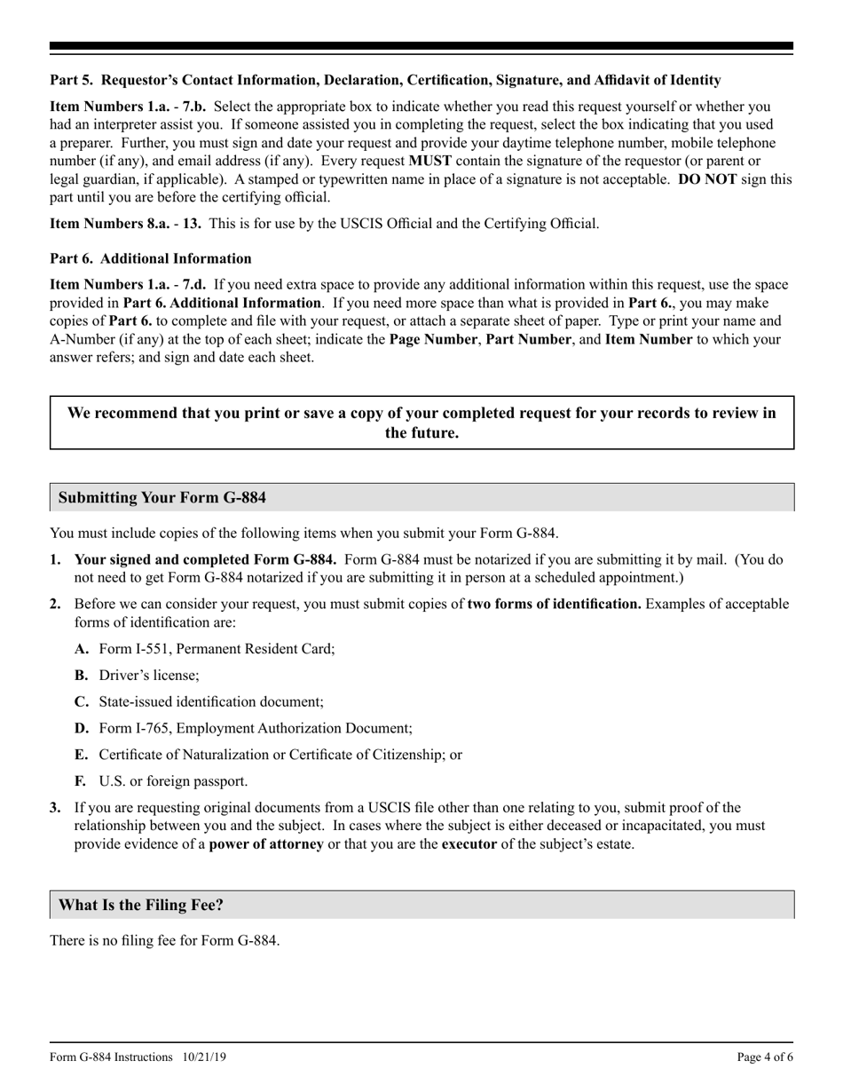 Instructions for USCIS Form G-884 Request for the Return of Original Documents, Page 4