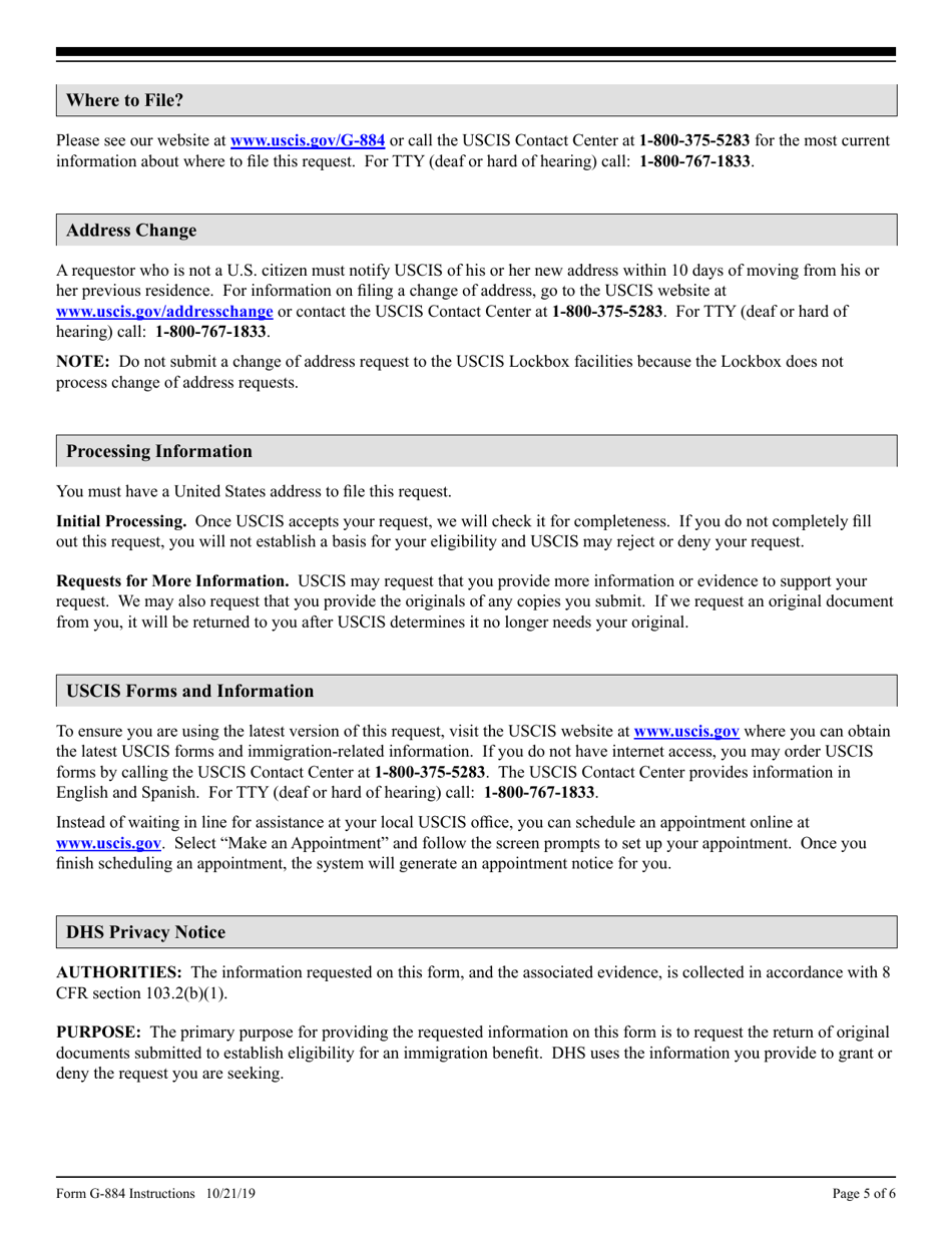 Instructions for USCIS Form G-884 Request for the Return of Original Documents, Page 5