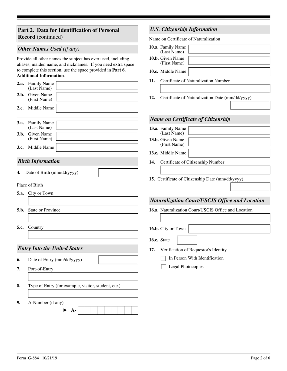USCIS Form G-884 Request for the Return of Original Documents, Page 2