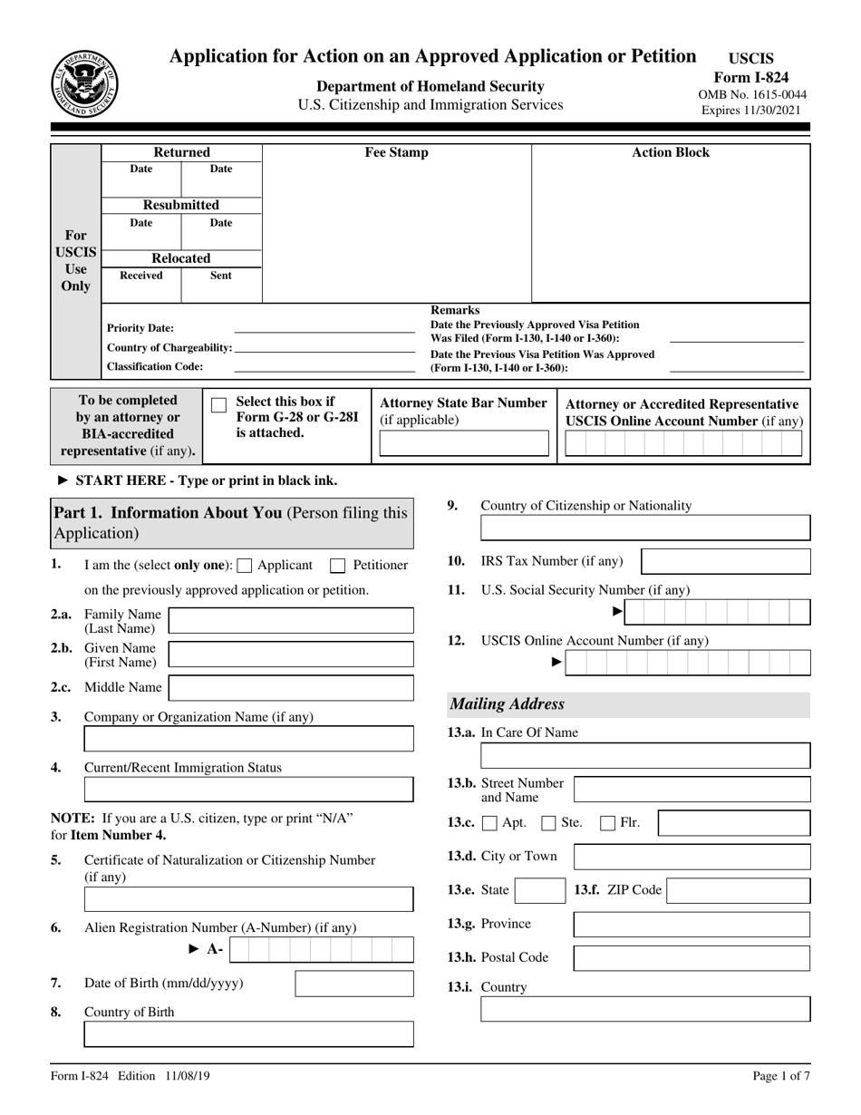 USCIS Form I-824 Application for Action on an Approved Application or Petition, Page 1
