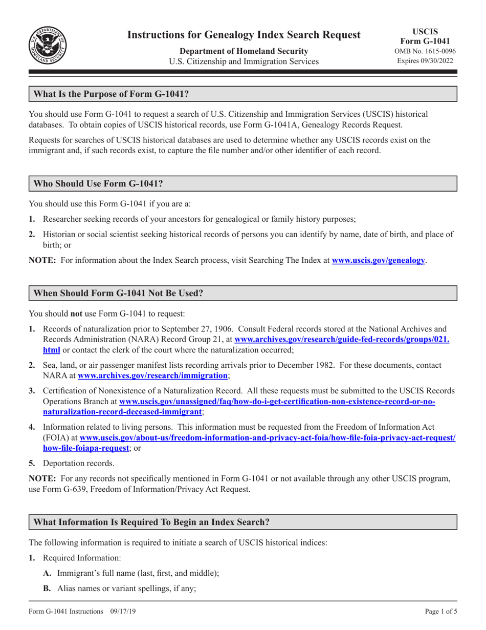 Instructions for USCIS Form G-1041 Genealogy Index Search Request, Page 1