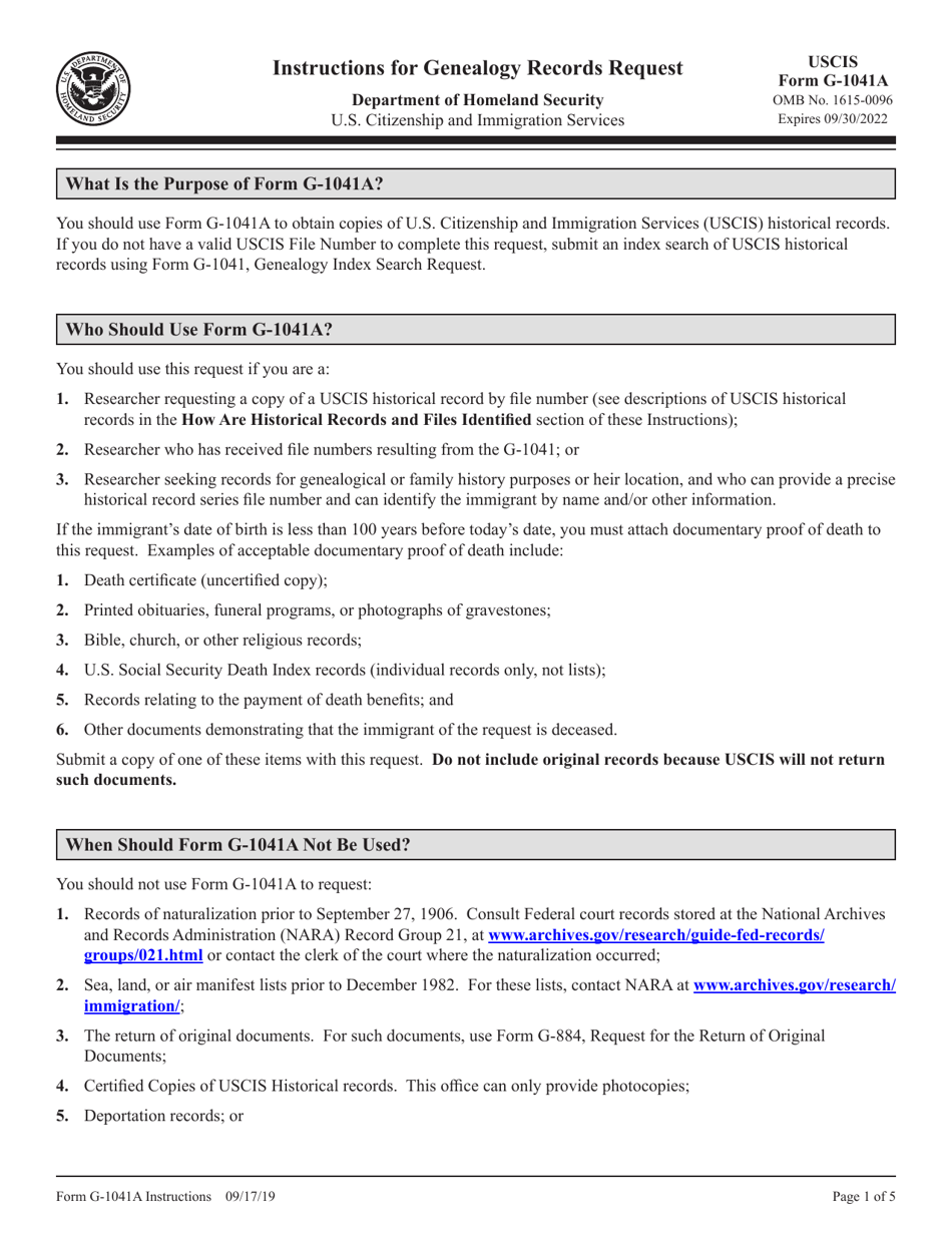 Instructions for USCIS Form G-1041A Genealogy Records Request, Page 1