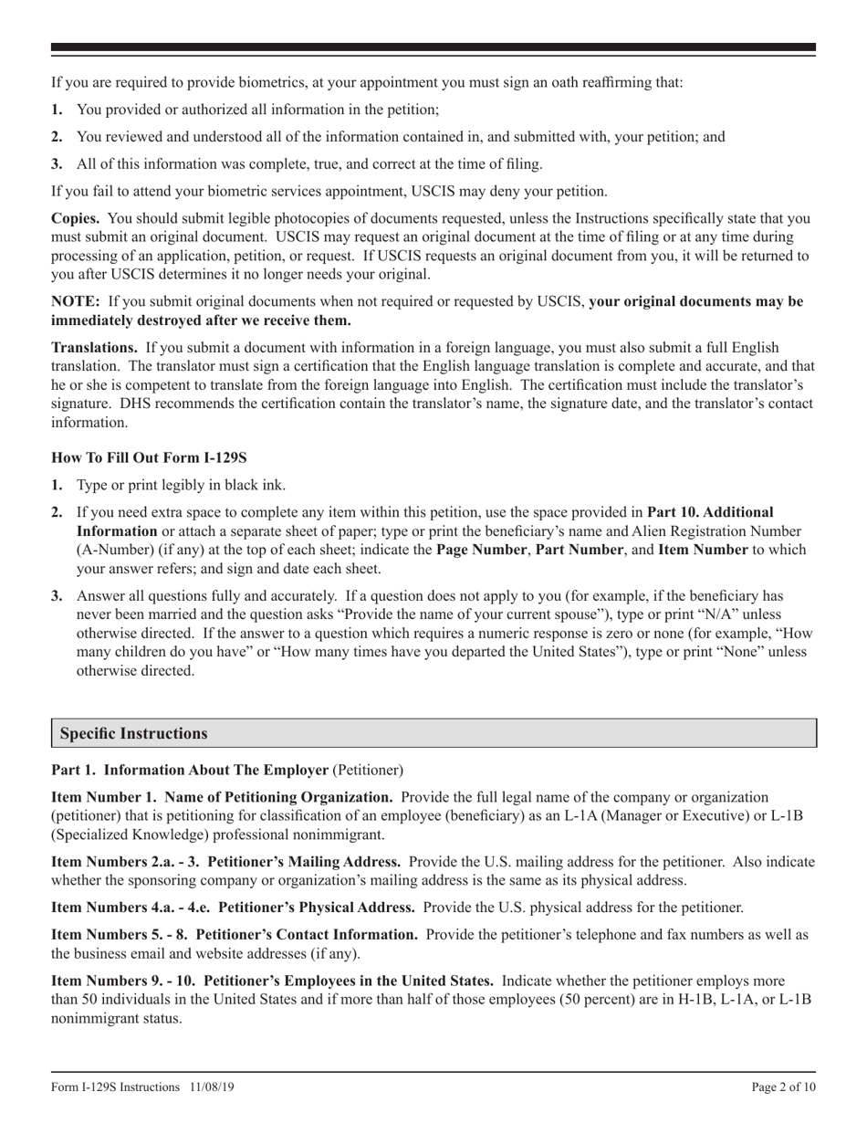 Instructions for USCIS Form I-129S Nonimmigrant Petition Based on Blanket L Petition, Page 2
