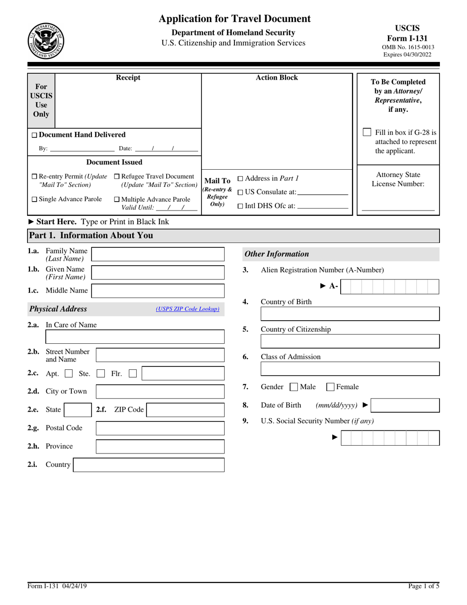USCIS Form I-131 Application for Travel Document, Page 1