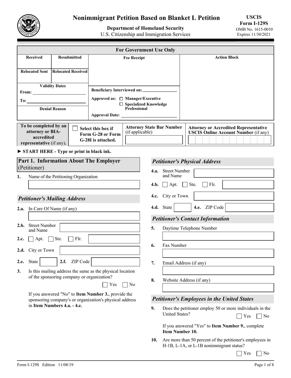 USCIS Form I-129S Nonimmigrant Petition Based on Blanket L Petition, Page 1