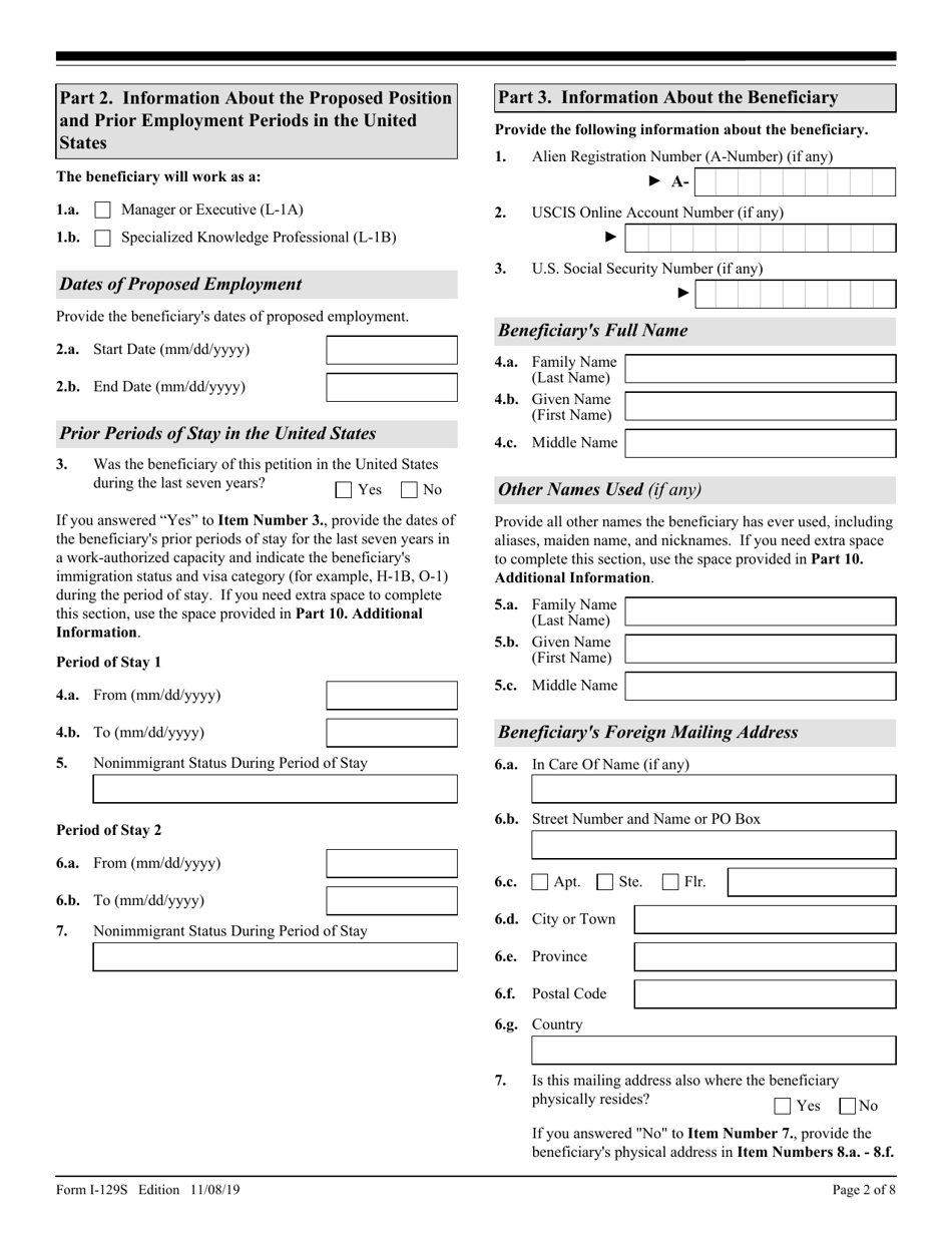 USCIS Form I-129S Nonimmigrant Petition Based on Blanket L Petition, Page 2