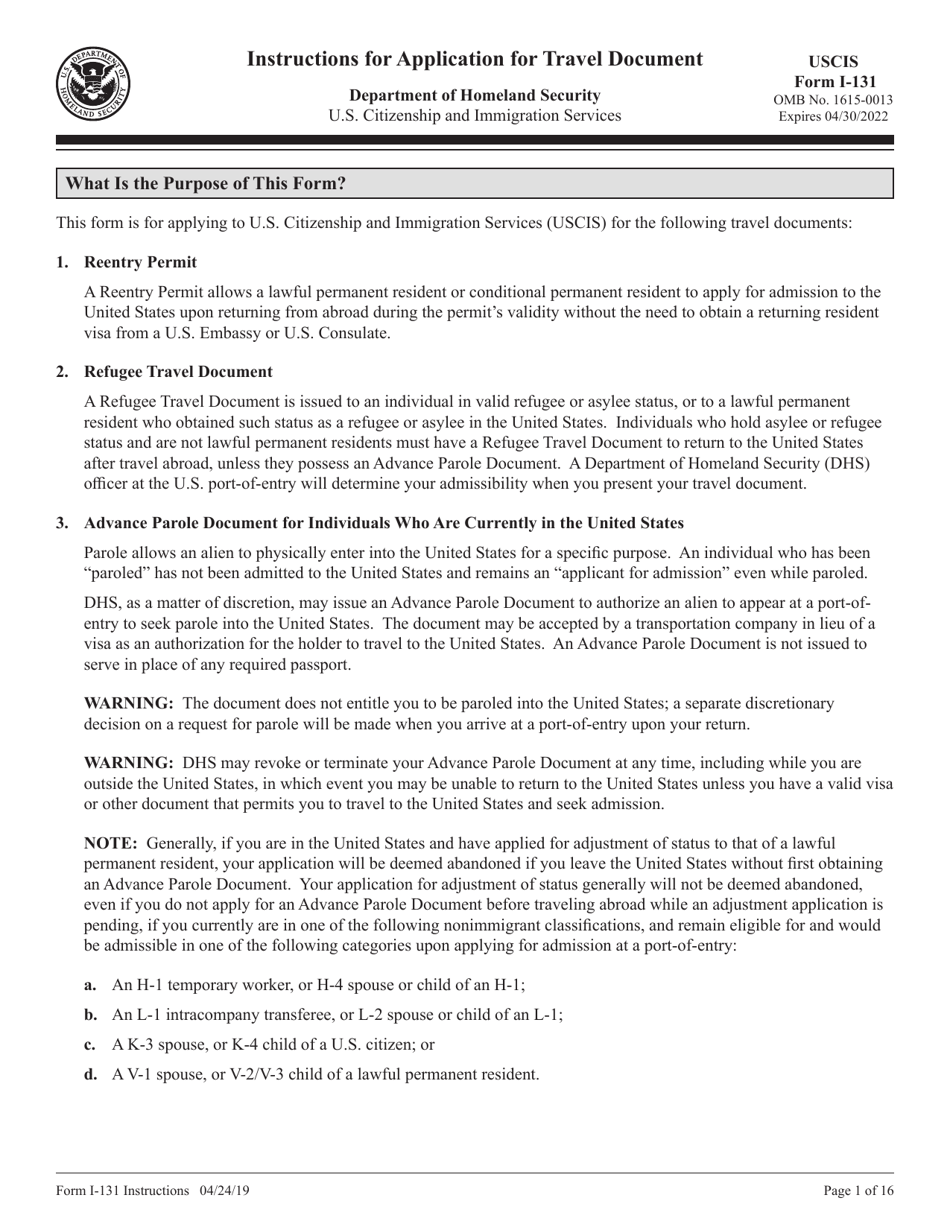 Instructions for USCIS Form I-131 Application for Travel Document, Page 1