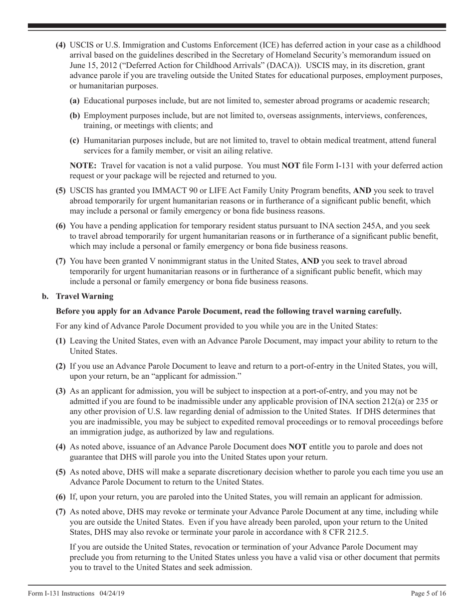 Instructions for USCIS Form I-131 Application for Travel Document, Page 5