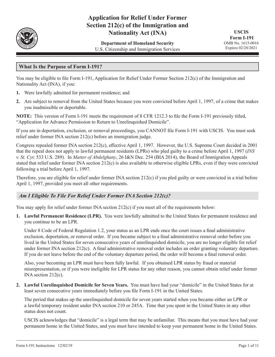 Download Instructions for USCIS Form I-191 Application for Relief Under ...