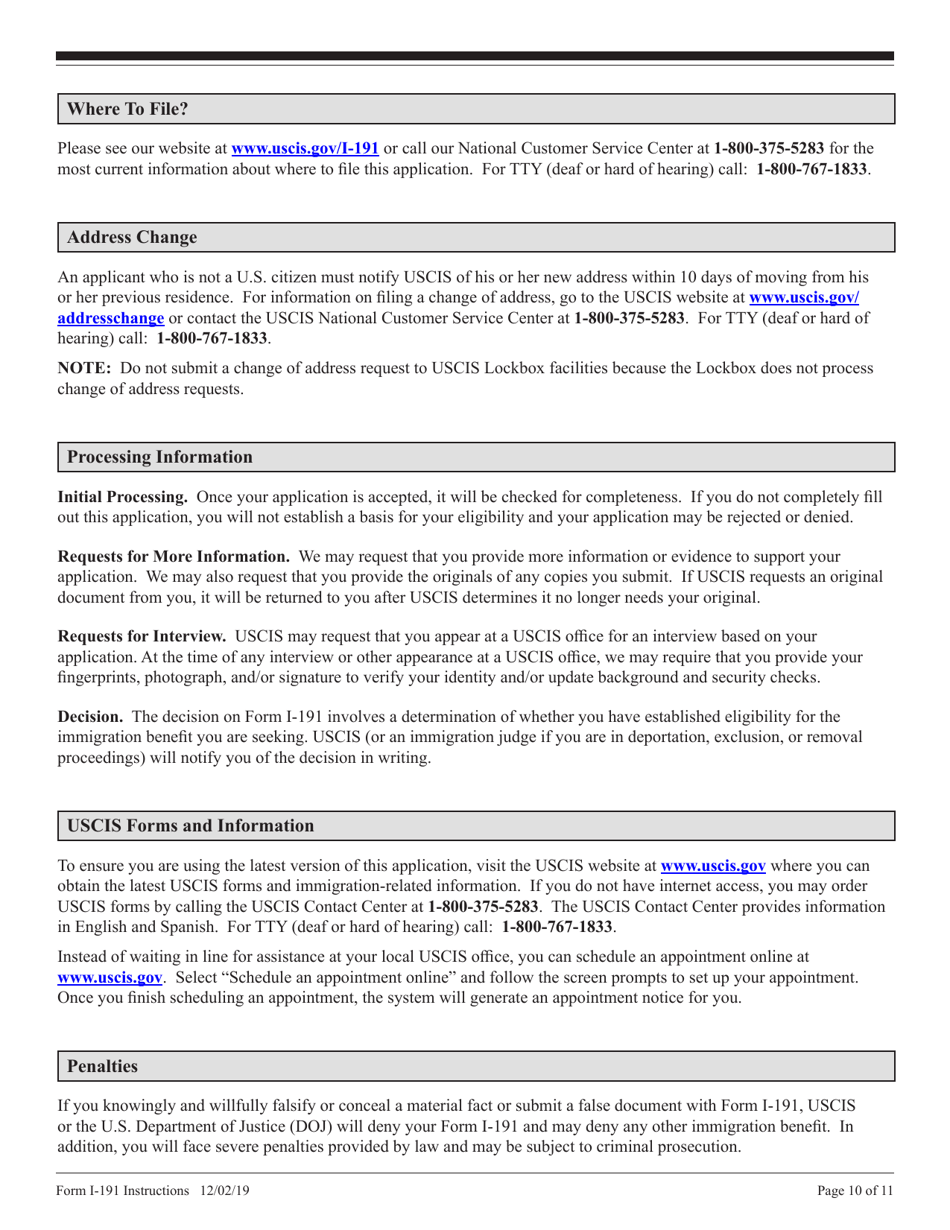 Instructions for USCIS Form I-191 Application for Relief Under Former Section 212(C) of the Immigration and Nationality Act (Ina), Page 10