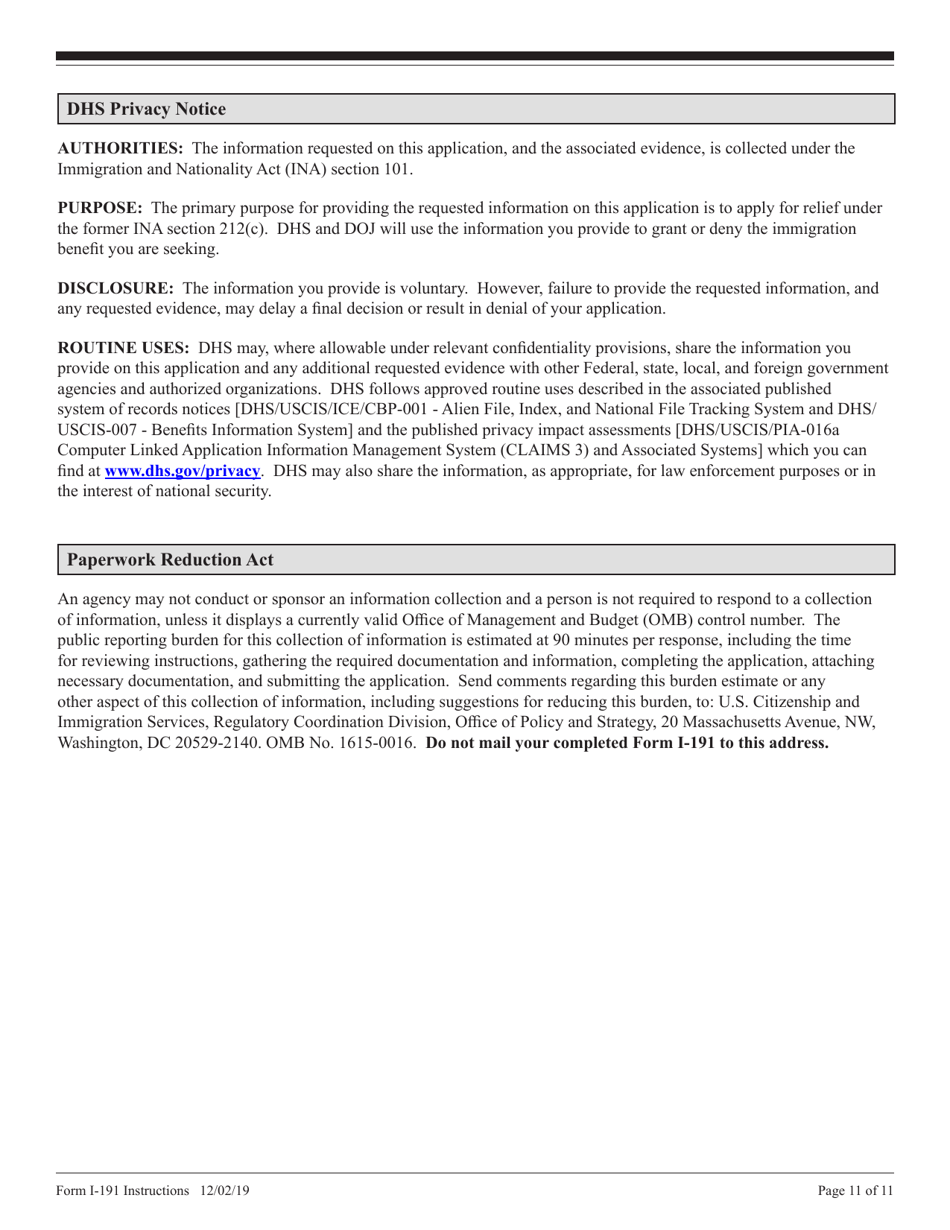 Instructions for USCIS Form I-191 Application for Relief Under Former Section 212(C) of the Immigration and Nationality Act (Ina), Page 11