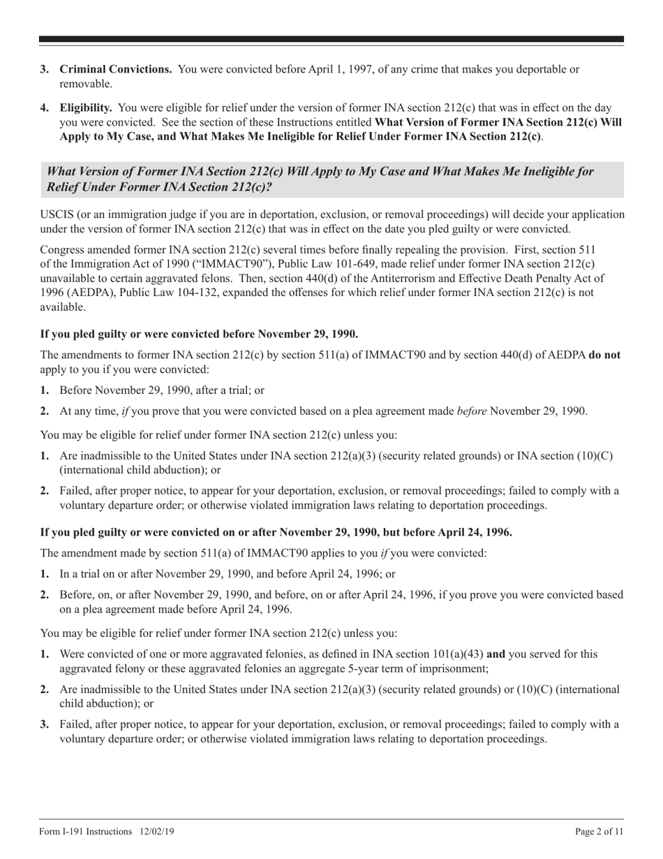 Instructions for USCIS Form I-191 Application for Relief Under Former Section 212(C) of the Immigration and Nationality Act (Ina), Page 2