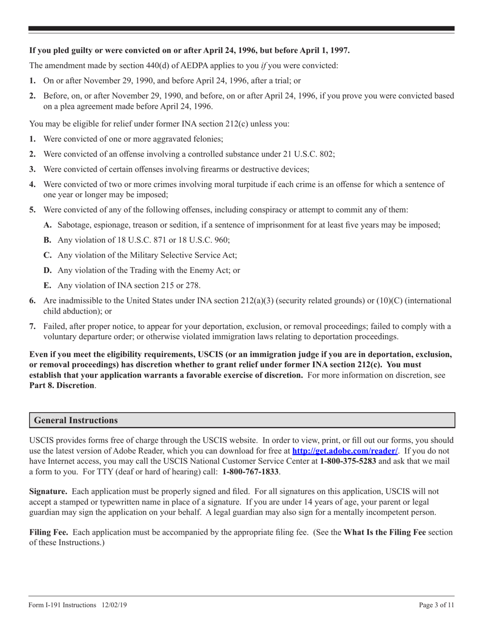 Instructions for USCIS Form I-191 Application for Relief Under Former Section 212(C) of the Immigration and Nationality Act (Ina), Page 3