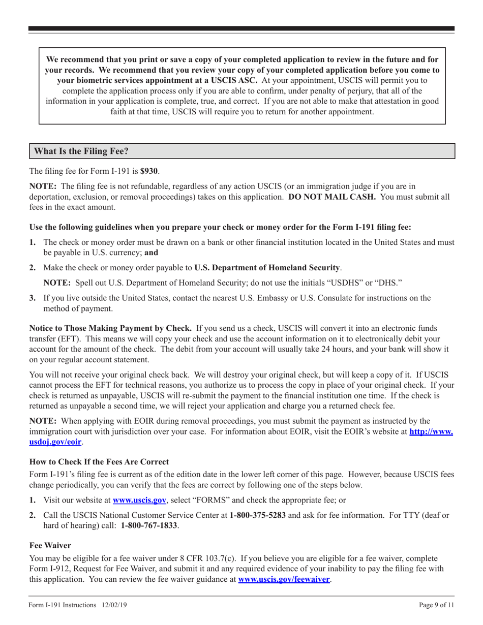 Instructions for USCIS Form I-191 Application for Relief Under Former Section 212(C) of the Immigration and Nationality Act (Ina), Page 9