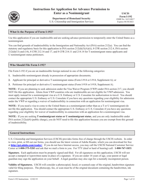 USCIS Form I-192  Printable Pdf