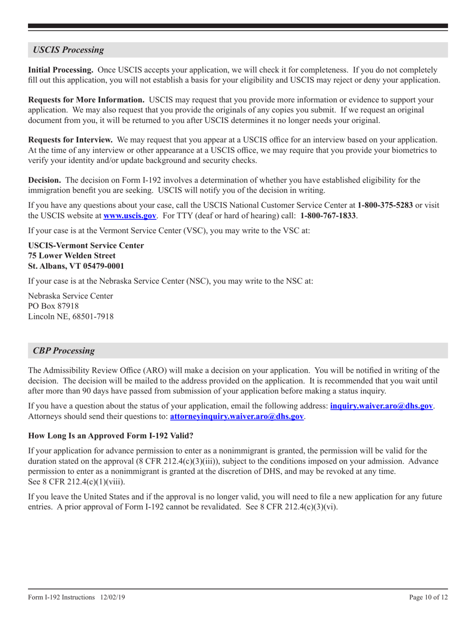 Instructions for USCIS Form I-192 Application for Advance Permission to Enter as a Nonimmigrant, Page 10