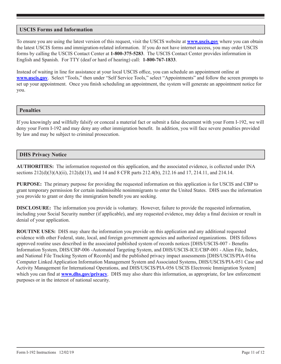 Instructions for USCIS Form I-192 Application for Advance Permission to Enter as a Nonimmigrant, Page 11