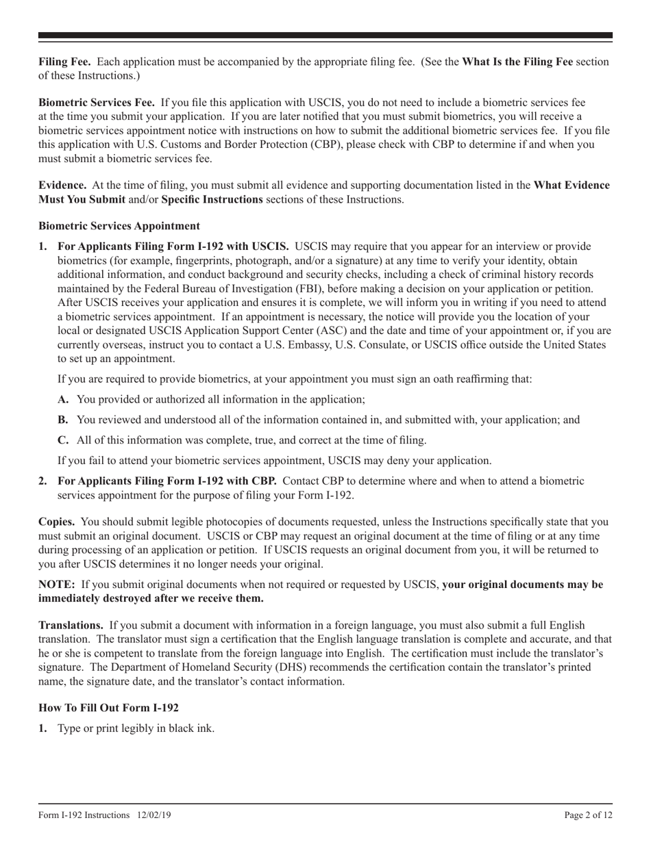 Instructions for USCIS Form I-192 Application for Advance Permission to Enter as a Nonimmigrant, Page 2