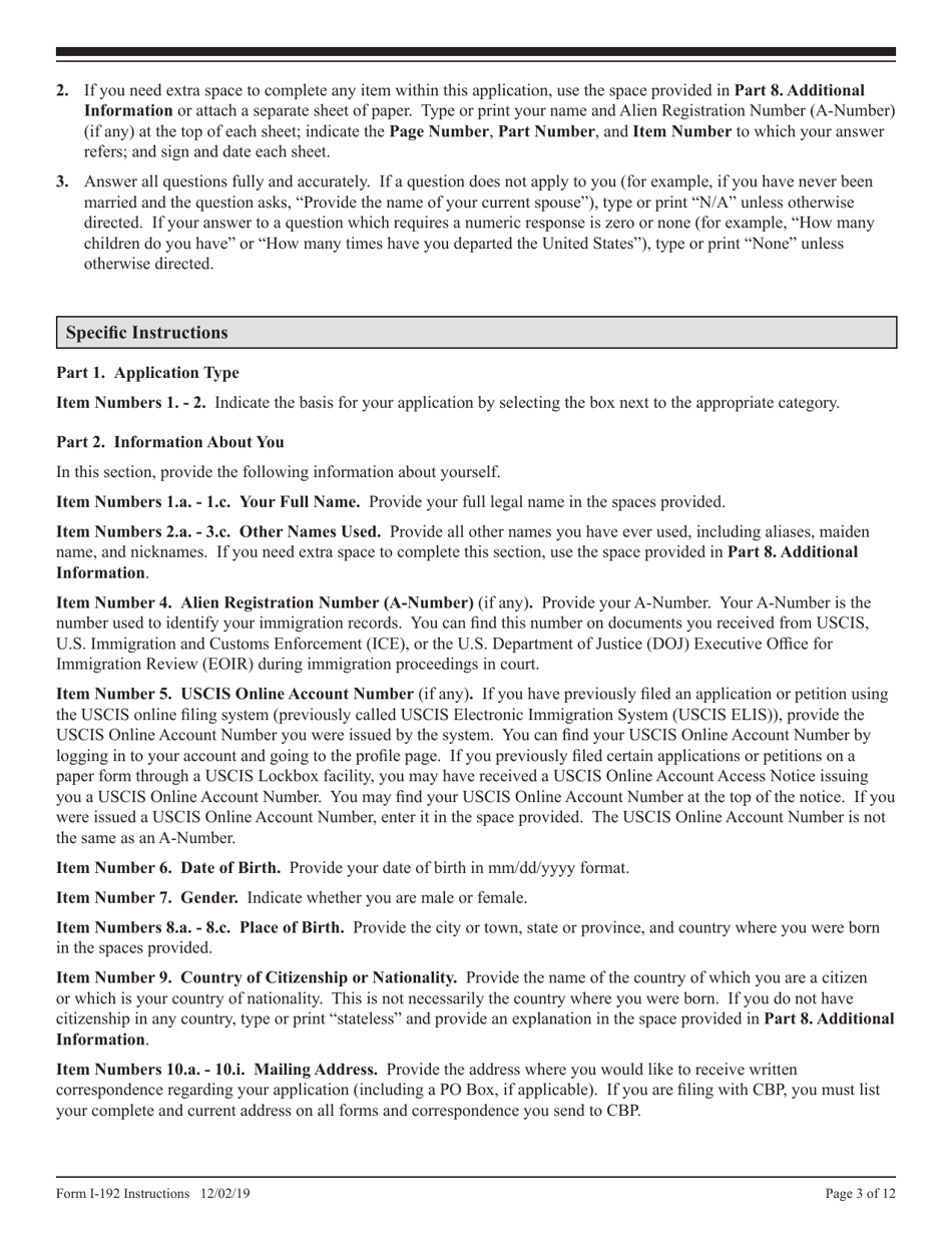 Instructions for USCIS Form I-192 Application for Advance Permission to Enter as a Nonimmigrant, Page 3