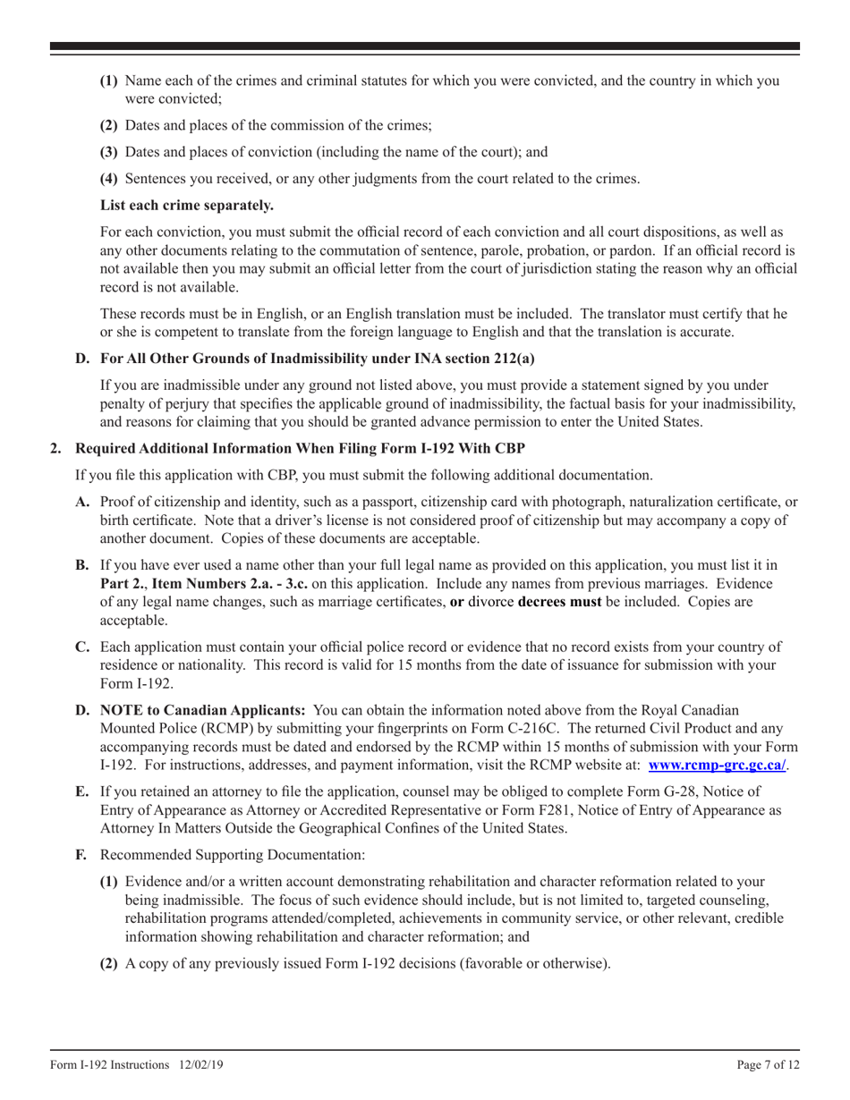 Instructions for USCIS Form I-192 Application for Advance Permission to Enter as a Nonimmigrant, Page 7